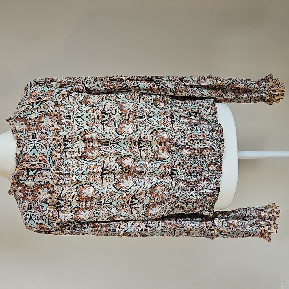 By Anthropologie XL Ruffle Wrap Smock Hem Paisley Blouse Top Boho Poet Romantic - Picture 5 of 11